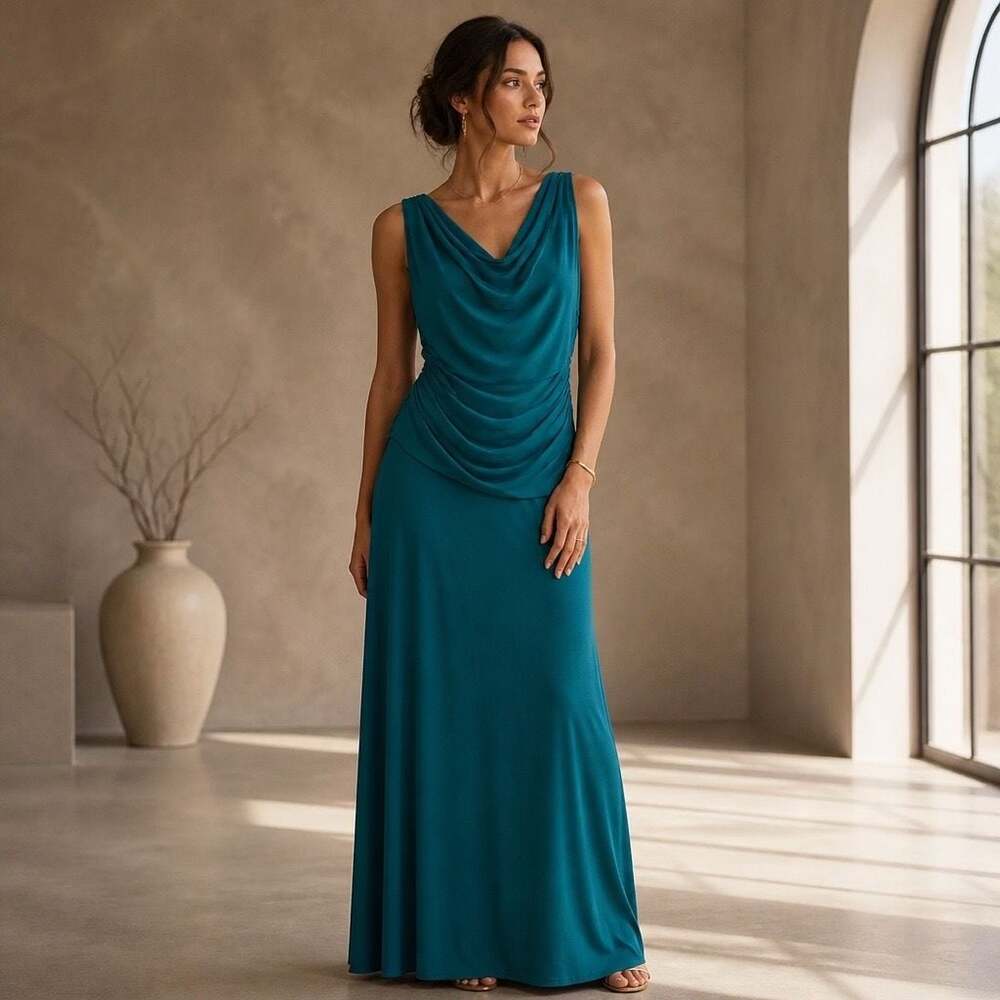 Nightway Women's Teal Sleeveless Cowl Neck Ruched Draped Back Evening Gown
